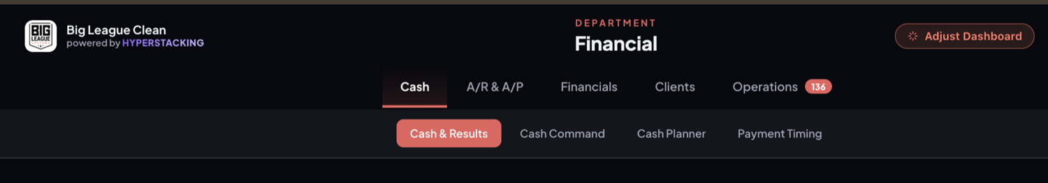 The Adjust Dashboard button on a branded Big League Clean department dashboard: change any dashboard by asking