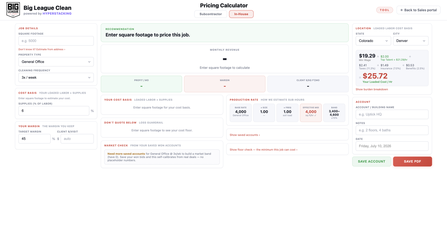 The pricing calculator built into the Big League Clean dashboard